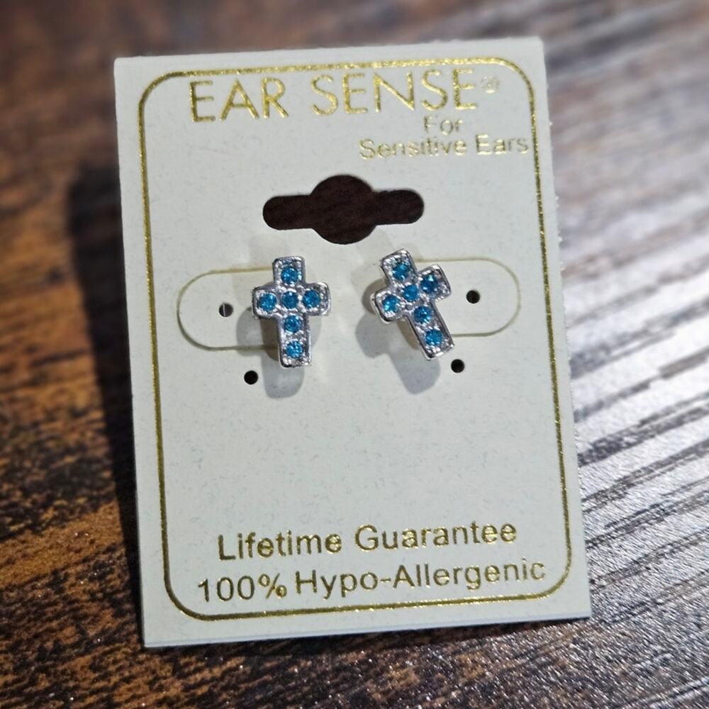 Ear Sense Sensitive Ears Blue Rhinestone Cross Stud Earrings NWT Deadstock